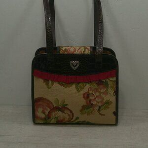 Vintage 90's Brighton Leather Floral Tapestry Carpet Bag Tote Purse Pocketbook